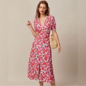 NWT Rihoas Pink Rose Floral Print Midi Dress Size L